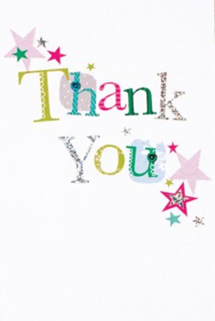 There's an elegant exuberance to this thank you card, perfectly in tune with the dynamic energy of Wood Green's neighborhoods. The graceful, hand-lettered message sweeps across a white background with lively personality-each letter painted in vibrant shades of green, blue, and pink, some dressed with playful polka dots or refined stitched flourishes, others gleaming softly with silver and gold highlights. Clusters of lively stars-some banded with stripes of hot pink, others awash in turquoise or gleaming in silvery bursts-hover near the words, as if bestowing a shower of good cheer upon the message. The effect is airy and contemporary, the composition breathing as freely as the open spaces of Wood Green's parks. There is an understated sophistication in the interplay between joyful colors and minimalist structure, making the sentiment universally inviting and heartfelt. The tactile detail evokes the feeling of a locally made masterpiece-just the kind of card you might find nestled next to a bespoke arrangement from Flowers Wood Green. Whether marking a milestone, returning a kindness, or brightening an ordinary day, this card offers gratitude as uplifting and memorable as a friendly wave on Green Lanes.