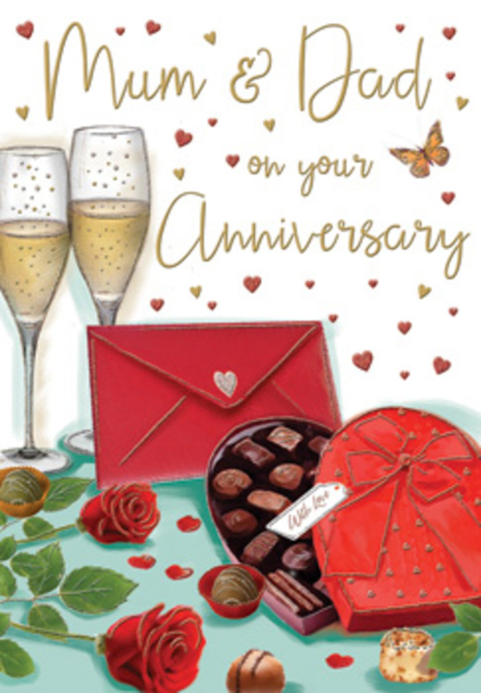 This detailed anniversary card design is composed like a tender still life, evoking a private celebration between partners in Wood Green, away from the bustle of Green Lanes. The foreground is dominated by a heart-shaped box of chocolates, its rich red casing bordered with a fine edge and crowned by an opulent bow. The ribbon is tied into a full, layered knot, with trailing ends that curve gracefully across the lid, their satin texture captured in subtle shifts of light and shadow. The box is slightly open, revealing a neat grid of assorted chocolates within-some round and domed, others squared off, all nestled in crinkled paper cups that give a sense of care and abundance. Resting casually along one side of the box are two red roses in full bloom, their petals unfurling in spirals of velvety crimson. The roses are accompanied by deep green leaves that spill gently outward, giving the impression they were freshly gathered from a florist's bouquet chosen specifically for an anniversary evening. Just behind this inviting arrangement stand two champagne flutes, slender and elegant, filled with pale golden fizz that sends fine bubbles drifting toward the rims. The glass catches ambient light in delicate reflections, suggesting the cosy glow of a dining room in Wood Green as dusk settles outside. A bold red envelope lies nearby, crisp and sealed, suggesting heartfelt words penned for a partner or perhaps for cherished parents celebrating another year together. Tiny gold and red hearts are scattered across the background, providing a soft, whimsical rhythm that complements the main elements without distraction. The scene feels indulgent yet intimate, combining the sensual richness of chocolate and roses with the sparkling promise of champagne to honour love that has grown deeper over time.