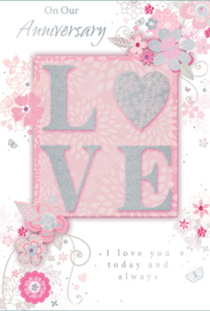 In this image, an anniversary card lies open, evoking the feeling of entering a bright, sunlit room where love is honoured in quiet, everyday gestures, much like the homes tucked behind the busy streets of Wood Green. The front design centres on the word LOVE, rendered in frosted, glittery print that produces a subtle sparkle, as if the letters were gently dusted with starlight. The embossing gives the word a raised, tactile dimension, inviting a hand to glide across its surface and pause on each letter. Around this central motif, wispy hand-drawn blooms drift along the edges, their petals shaded in harmonious tones of blush pink, soft lilac, and creamy ivory. These flowers seem to hover in mid-air, giving the impression of blossoms caught in a quiet moment, like flowers resting on a windowsill overlooking Alexandra Palace. Fine flourishes and filigree-like curls weave through the composition, forming delicate leaves and tendrils that echo the fluid lines a florist might sketch while planning a romantic design in a Wood Green studio. Hidden within the pattern are tiny butterflies and almost secret decorative touches that hint at fluttering hearts and treasured memories. Inside, the message I love you today and always appears in graceful, understated type, surrounded by generous white space so the words can truly resonate. The card feels as carefully balanced as a hand-tied bouquet prepared for anniversary delivery across Wood Green and Bounds Green: soft yet assured, simple yet deeply expressive. It is more than a greeting; it is a paper bouquet of affection, composed with an artist's eye and a florist's understanding of enduring love.