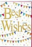 In this image, a bright and cheerful Best Wishes card is presented as if ready to accompany a fresh bouquet delivered across Wood Green and the surrounding streets. The main feature is the greeting itself: the words Best Wishes sweep across the centre of the card in luxurious gold script, with smooth, looping letters that appear slightly embossed, giving them a shimmer that suggests glittering foil or metallic ink. The rich gold stands in clear contrast against a pristine white background, drawing the eye immediately to the heartfelt message. Embracing this central text are bands of colourful bunting, one gently arcing along the top section of the card and another along the bottom, creating a soft, celebratory frame. The tiny triangular flags are painted in a rainbow of lively colours-royal blue, bold red, emerald green, lemon yellow, tangerine, and rosy pink-much like the varied tones seen in the independent shops and cafés dotted around Wood Green and Turnpike Lane. Each pennant is adorned with simple yet joyful patterns, from neat stripes and scattered dots to small blocks of colour, giving a hand-crafted feel. Between the arcs of bunting, the white space is sprinkled with small stars and rounded dots in coordinating shades, drifting across the surface like confetti or distant bursts of fireworks over Alexandra Palace. The overall layout is neatly balanced, with enough breathing room that the design feels light and airy despite the abundance of colour and detail. The mood is unmistakably positive-celebratory without being tied to any single event-making the card ideal for sending congratulations on a promotion, good exam results, a new home locally, or simply offering supportive best wishes for a fresh chapter in someone's life.