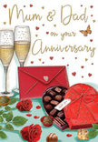 The anniversary card artwork captures a romantic moment frozen in time, the kind of scene a couple in Wood Green might create after returning from a walk through nearby Ducketts Common. At the forefront, an open heart-shaped chocolate box in deep red occupies pride of place, its generous curves framed by a sumptuous scarlet bow. The bow's satin ribbon seems almost tangible, with softly folded loops and trailing ends that suggest careful gift-wrapping and anticipation. Inside the box, an assortment of chocolates fills neat compartments, each piece distinct in shape and sheen, inviting the eye to linger on the promise of shared sweetness. Resting nearby, two fully opened red roses add a burst of floral richness, their petals layered in tight, velvety curls. The roses' intense crimson shade is balanced by glossy green leaves that arc outwards, echoing the freshness of a bouquet collected from a trusted local florist on Wood Green High Road. Behind this inviting arrangement stand two slender champagne flutes, filled nearly to the brim with pale golden, sparkling wine. Tiny bubbles rise in delicate streams, catching highlights along the clear glass stems as if lit by the ambient glow of an evening at home. A deep red envelope lies at the edge of the composition, closed and crisp, hinting at the presence of affectionate words and memories meant only for the recipient. Scattered across the card are tiny hearts and accents in gold and ruby tones, drifting softly against a warm, neutral background that allows the reds and greens to truly shine. The overall impression is one of quiet celebration, shared indulgence, and gratitude for years of companionship, beautifully distilled into a single, lovingly illustrated moment.
